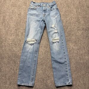 Levis Premium 501 Jeans Womens 24x30 Blue Straight Button Fly Big E Distressed